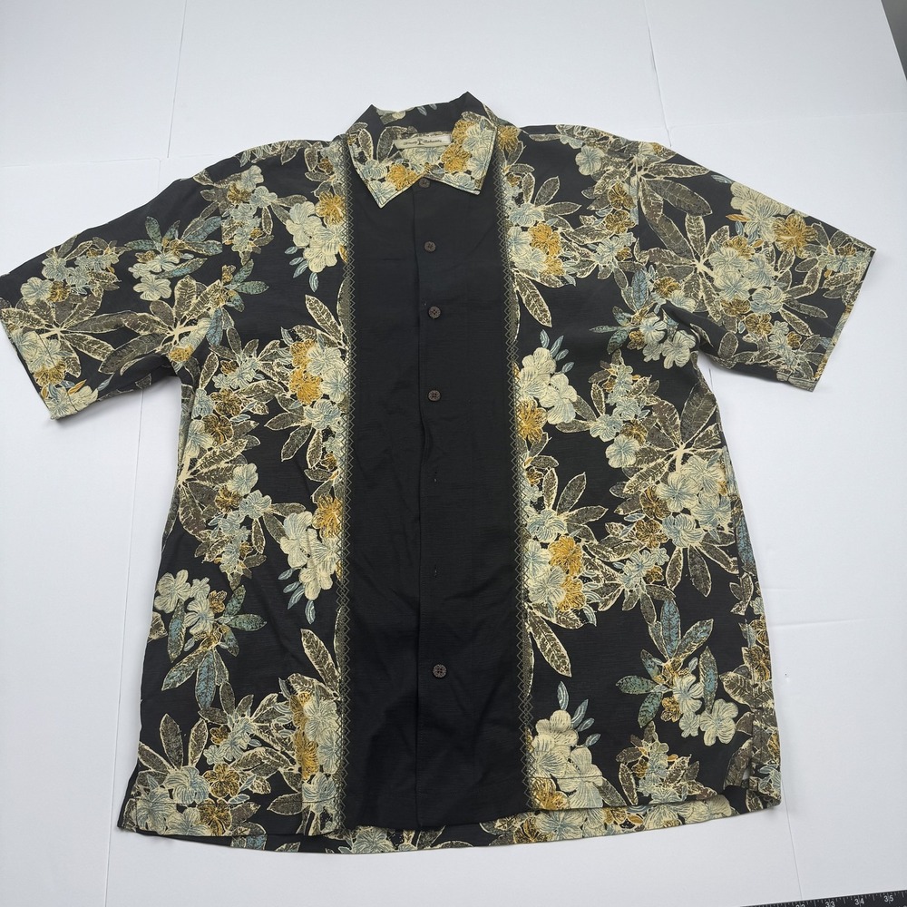 Tommy Bahama Shirt Mens Large Black Silk Floral Hawaiian Button Up Camp Casual